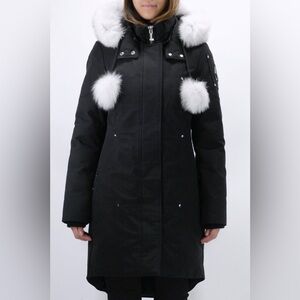 Moose Knuckles Black STIRLING Parka with White Fur Trim